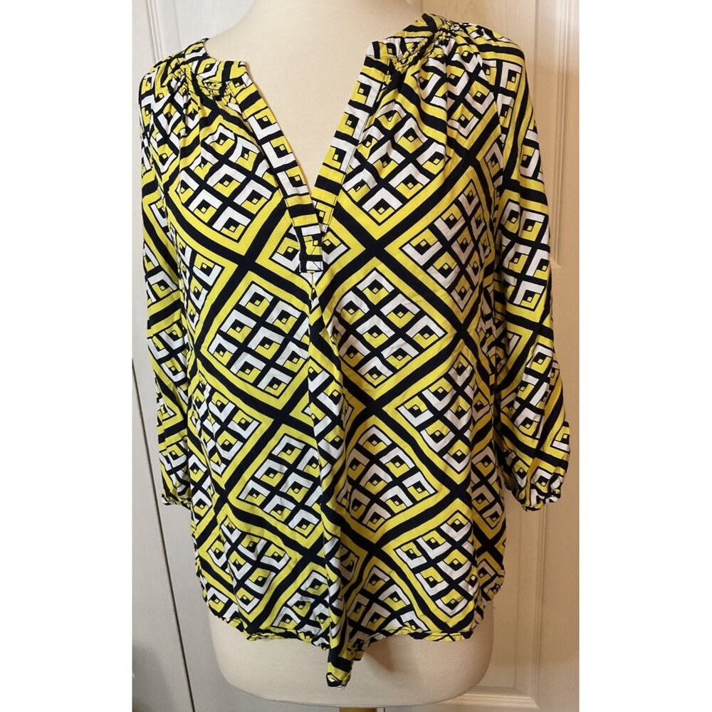Crown & Ivy Black Yellow White Geometric V-Neck Blouse Top 3/4 Sleeve